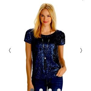 Womens White House Black Market Blouse Sequin Short Sleeve Navy Blue Size M